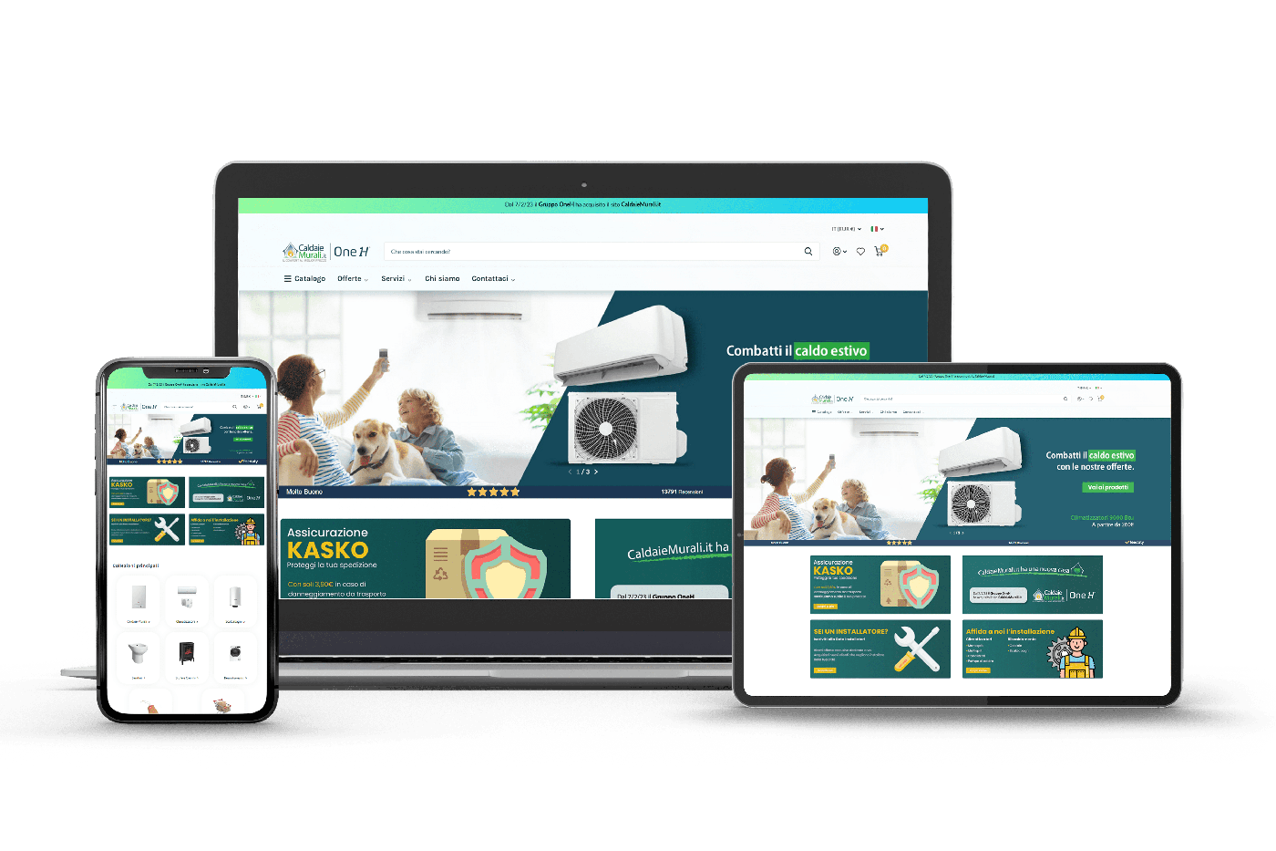Mockup di un sito web su laptop, cellulare e tablet