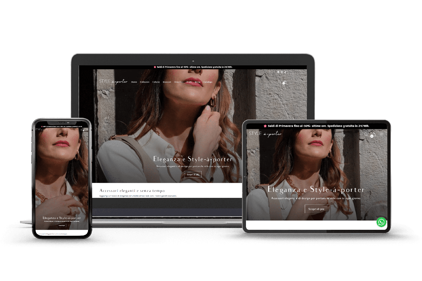 Mockup di un sito web su laptop, cellulare e tablet